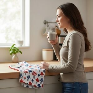 Deborah Connolly red white and blue Mushroom Patterned Kitchen Towel Set pk of 3